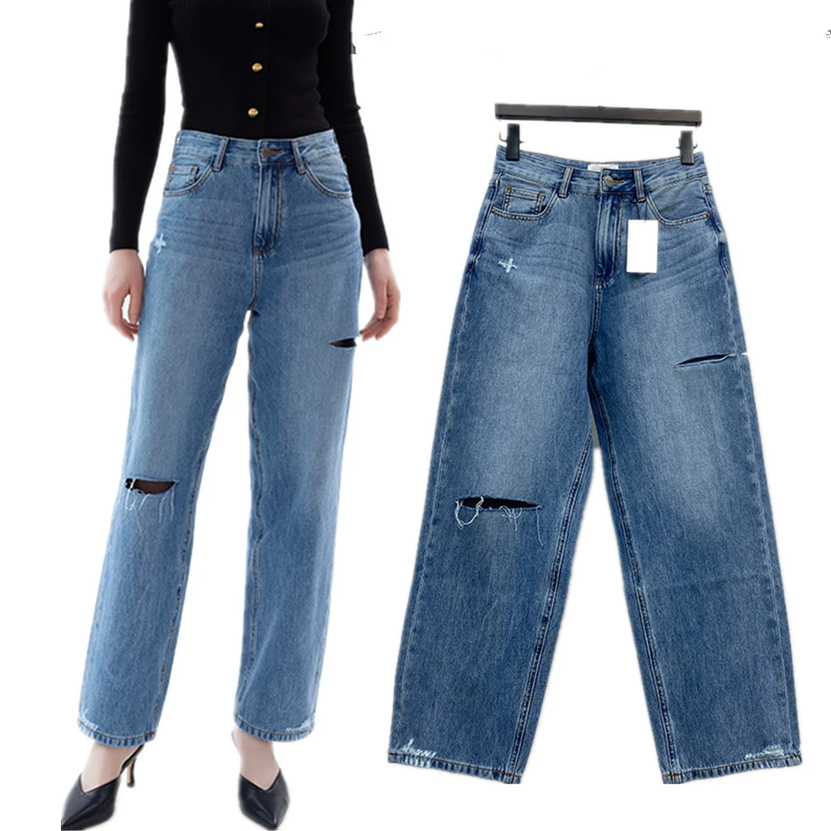 

Jenny&Dave Top Quality Denim Pants Minimalist High Waist Loose Straight Pants Comfortable Stretch Cropped Jeans Women Mom Jeans