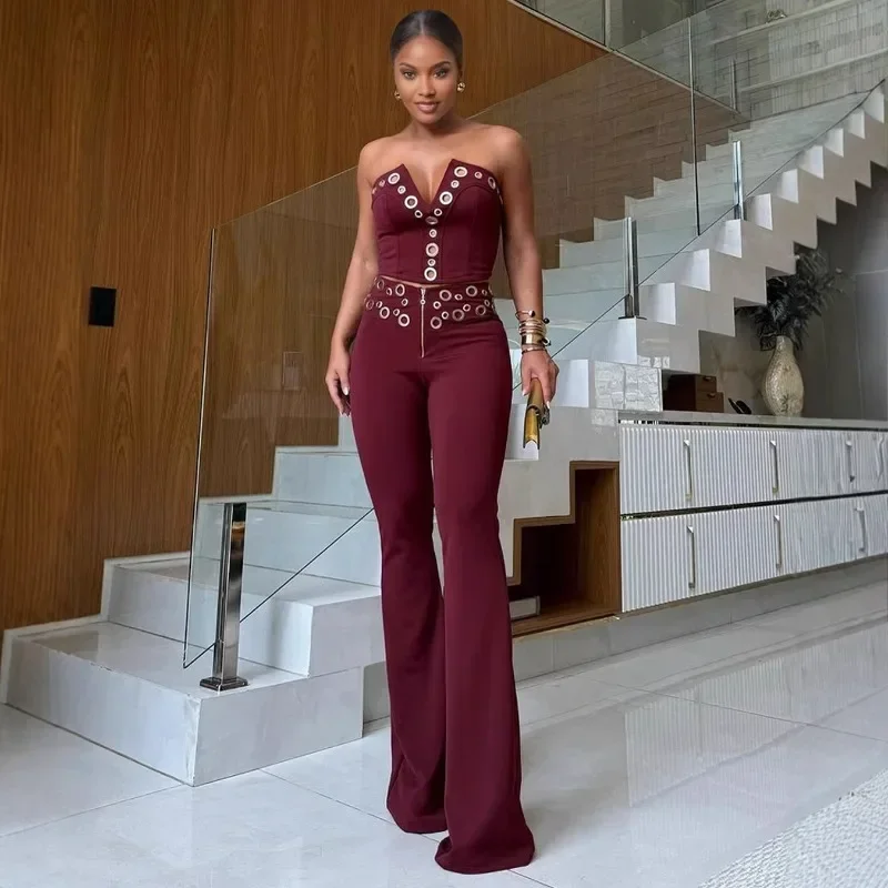 

Women Sexy Metal Rings Hollow Out Solid 2 Piece Set V Cut Strapless Crop Tops + Zipper High Waist Flare Pants Slim Casual Suits