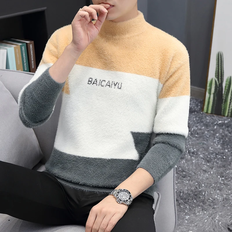 

Men Korean Version Simplicity Mixed Colors Pullover Sweater Men Autumn Winter Mink Plush Long Sleeve Basic Trendy Warm Sweater