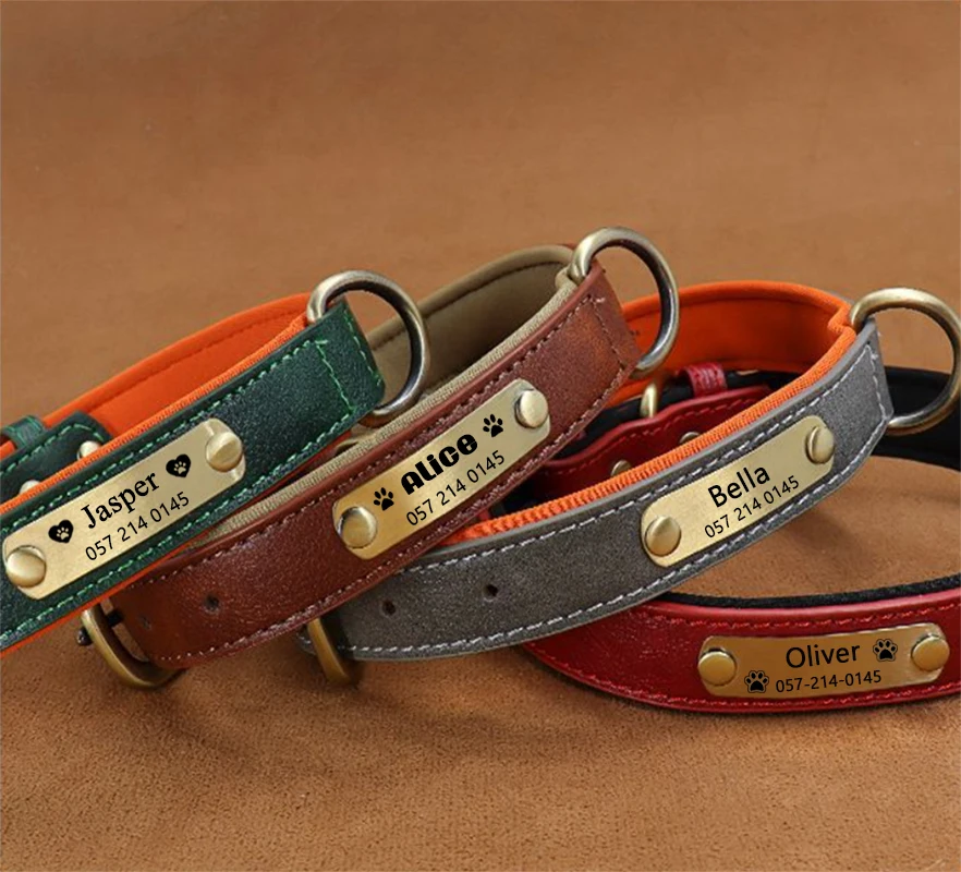 

Customized Soft Handmade Leather Dog Collars, Free Laser, Carved Pet Products, Anti Loss Tags, Pet Collars, Accessories