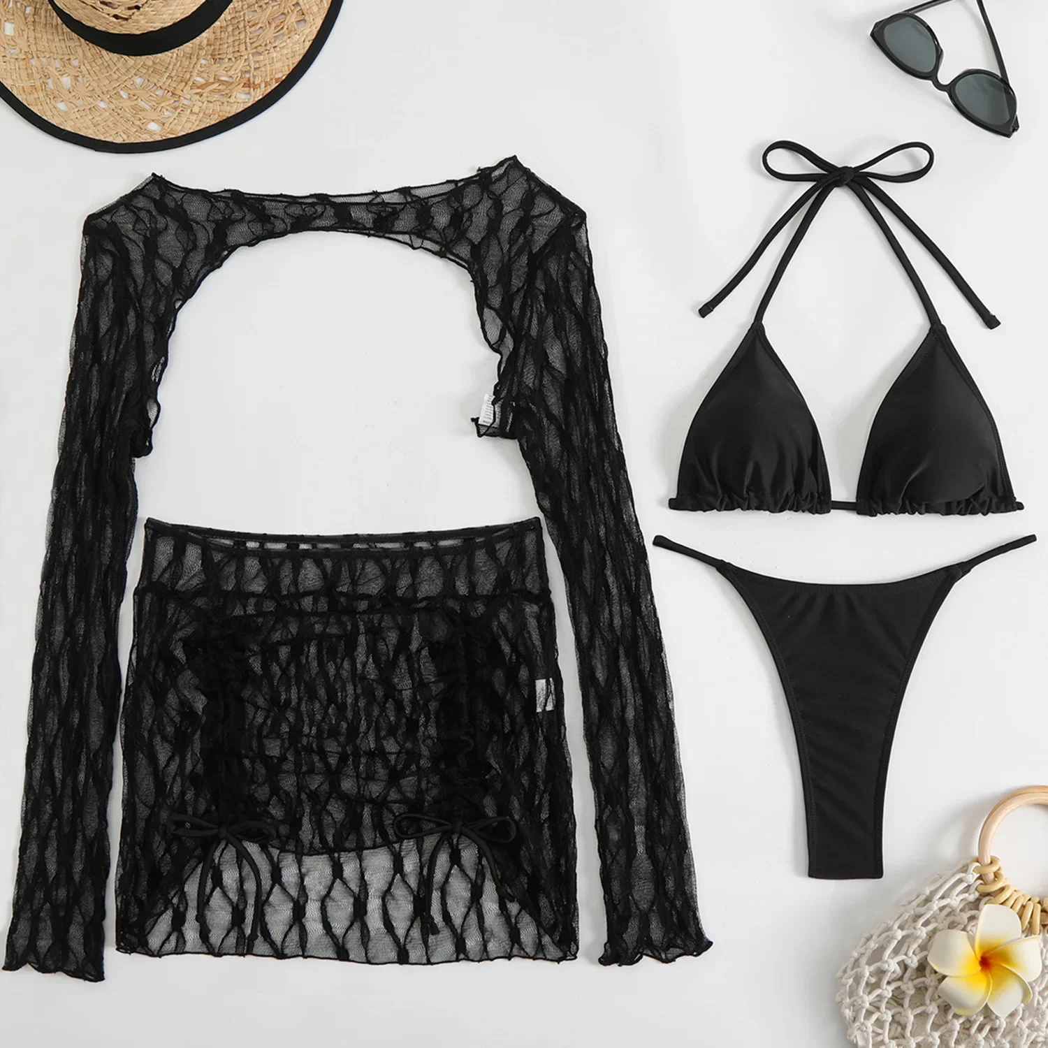 Sommerurlaub 4-teiliges Bikini-Set 2025 Damen Sexy Weiß Langarm Cover Up und Rock Badeanzug Strand Badeanzug Pool Bademode