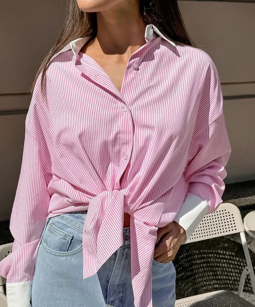 Patchwork Stripe Women Shirts Turn Down Collar Street Style Long Sleeves Blouses And Tops Ladies Casual Streak 2024