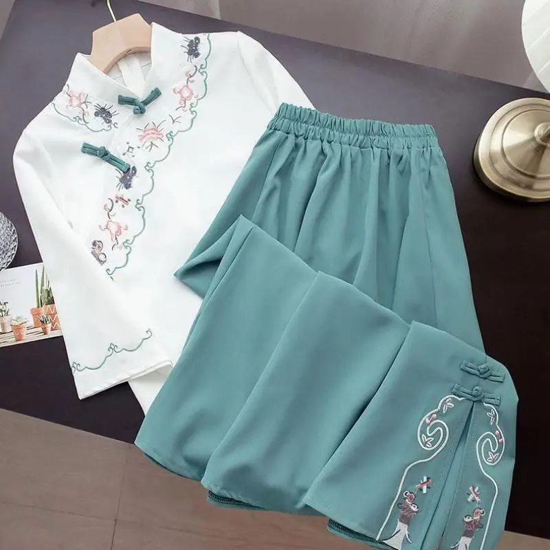 Fato elegante bordado com saia e top hanfu para mulheres, conjunto de duas peças, borboleta, doce, tamanho grande, hanfu, verão, novo