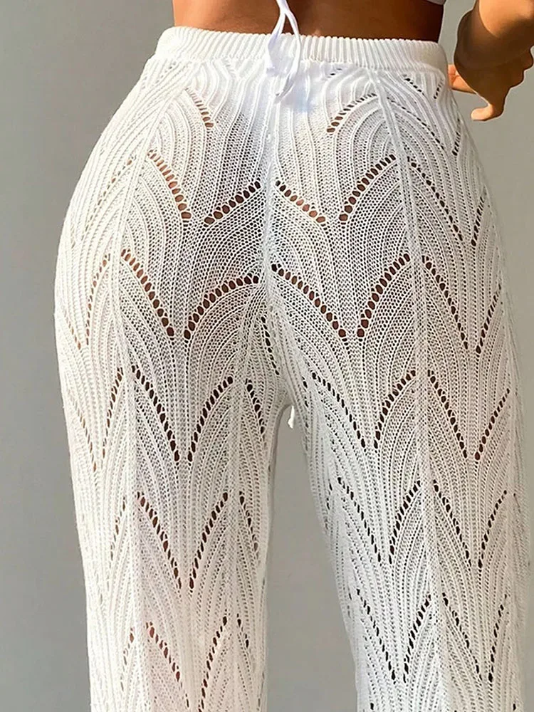 Weiße Damen-Häkelhose mit hoher Taille und weitem Bein, ausgehöhlte Strickhose für den Sommer und den Strandurlaub – Detail 5