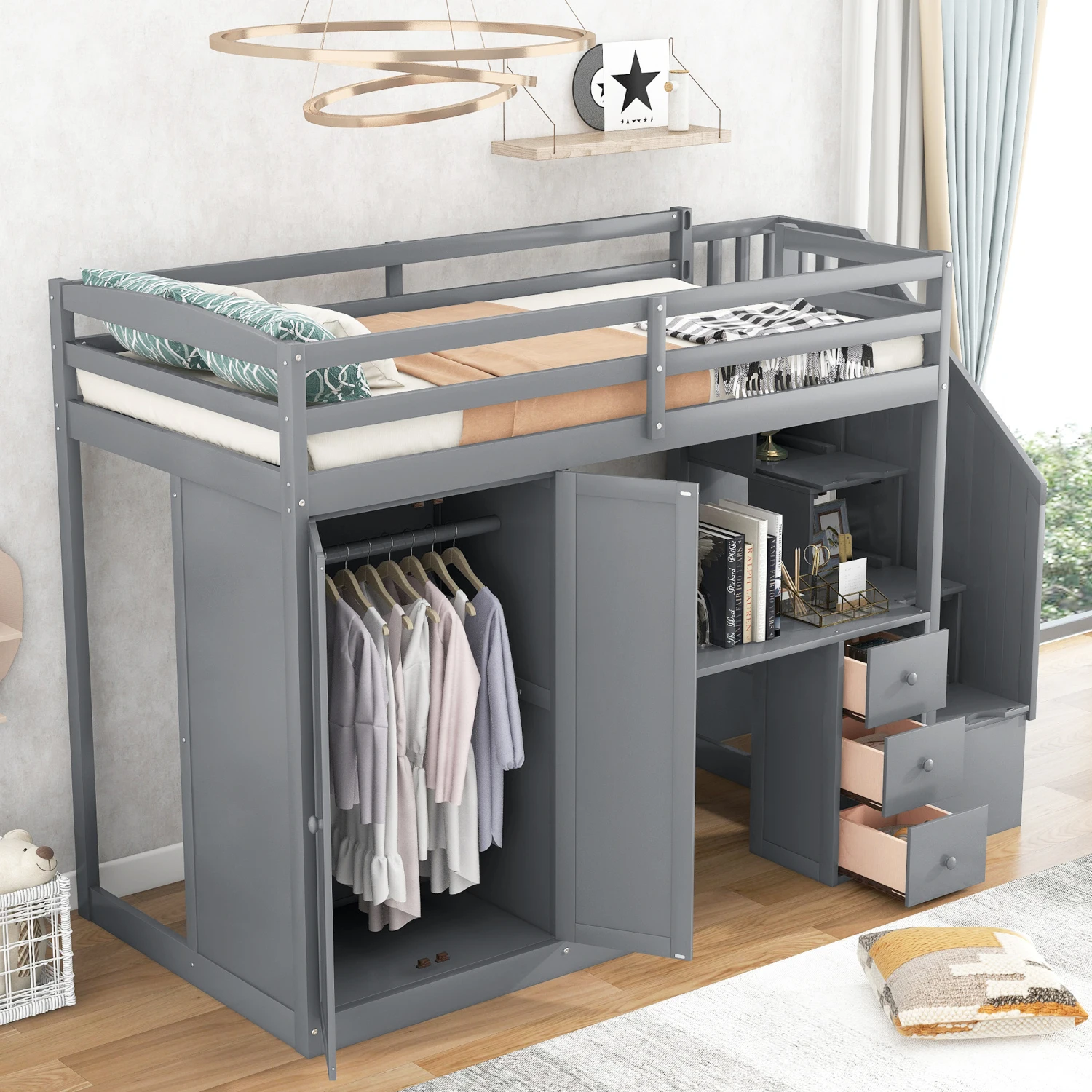 Twin Size Loft Bed with Wardrobe, Staircase, Desk, Storage Drawers, Cabinet - Gray