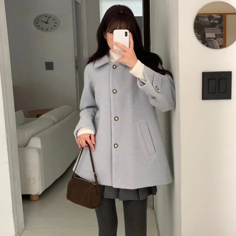 

Women's Woolen Coat Autumn Winter Korean Sle Chic Versatile Gentle Aosphere Flip Collar Single Button Loose Large Coat