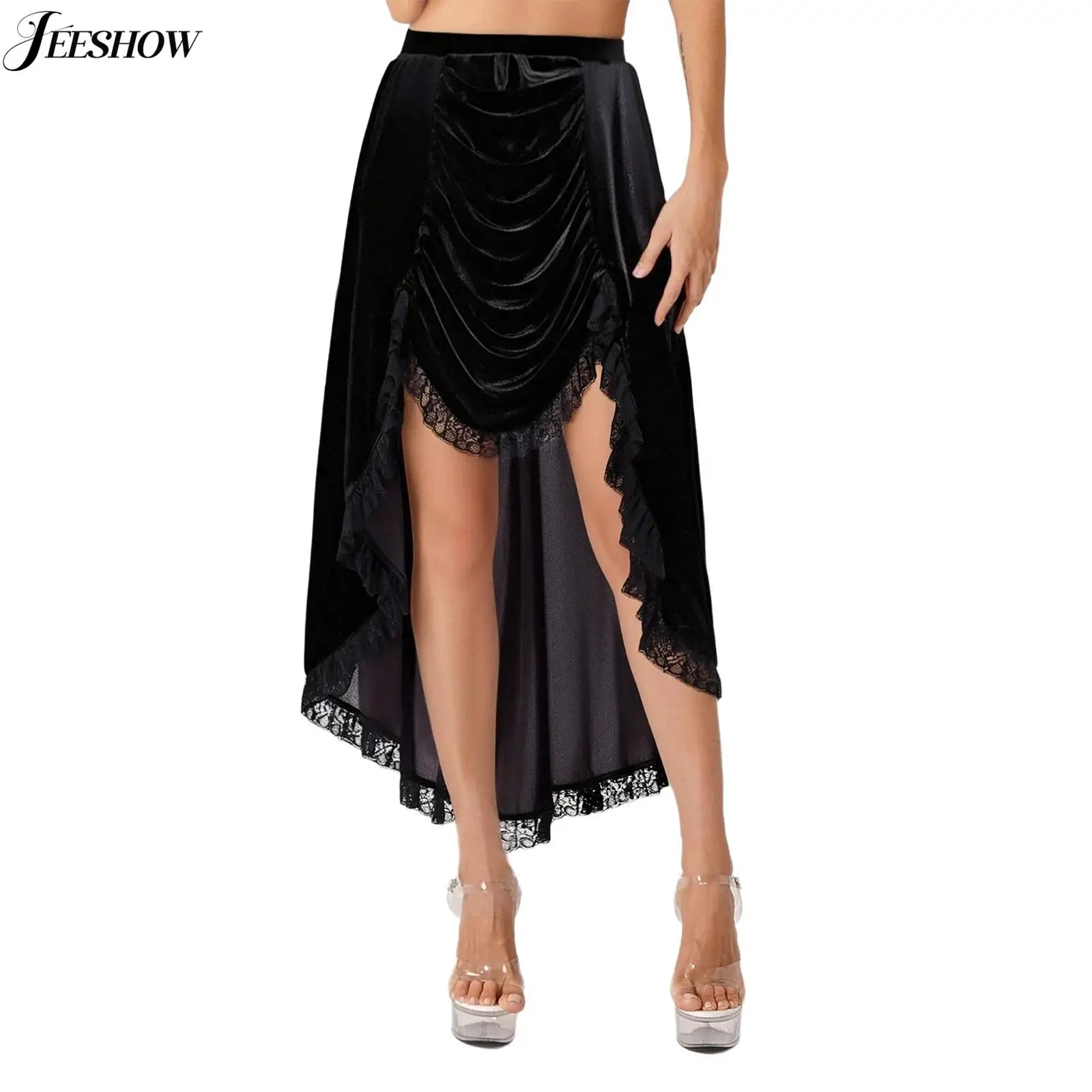 

Womens Steampunk Gothic Skirt Vintage Victorian Lace Trim Ruched Ruffled High-Low Skirt Halloween Masquerade Theme Party Costume