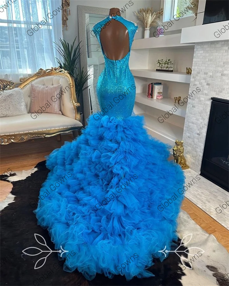 흑인 소녀를위한 블루 페르시 크리스탈 긴 댄스 파티 드레스 2025 반짝 이는 스팽글 생일 파티 드레스 프릴 이브닝 가운 맞춤형