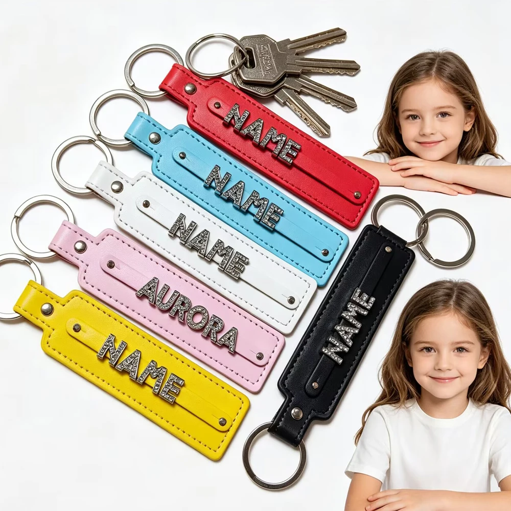 1pcs Personalized Rhinestone Name Letter Keychain Minimalist Style Leather keychain for Birthday Gift Back to School Gift