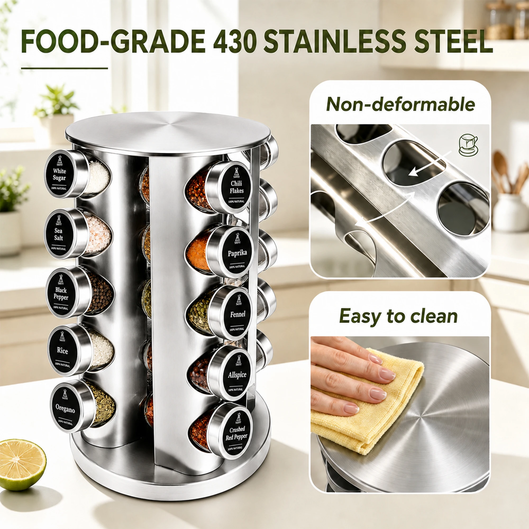 SIAZIH Drehbares Gewürzregal-Set mit 12/20 luftdichten 100ml Gewürzgläsern aus Glas mit Deckeln und Etiketten 360 ° Edelstahl-Gewürzorganizer für die Küchenarbeitsplatte, Gewürzhalter, Küchenlagerung & -organisation | Küchenregal | Gewürz-Organizer – Detail 2