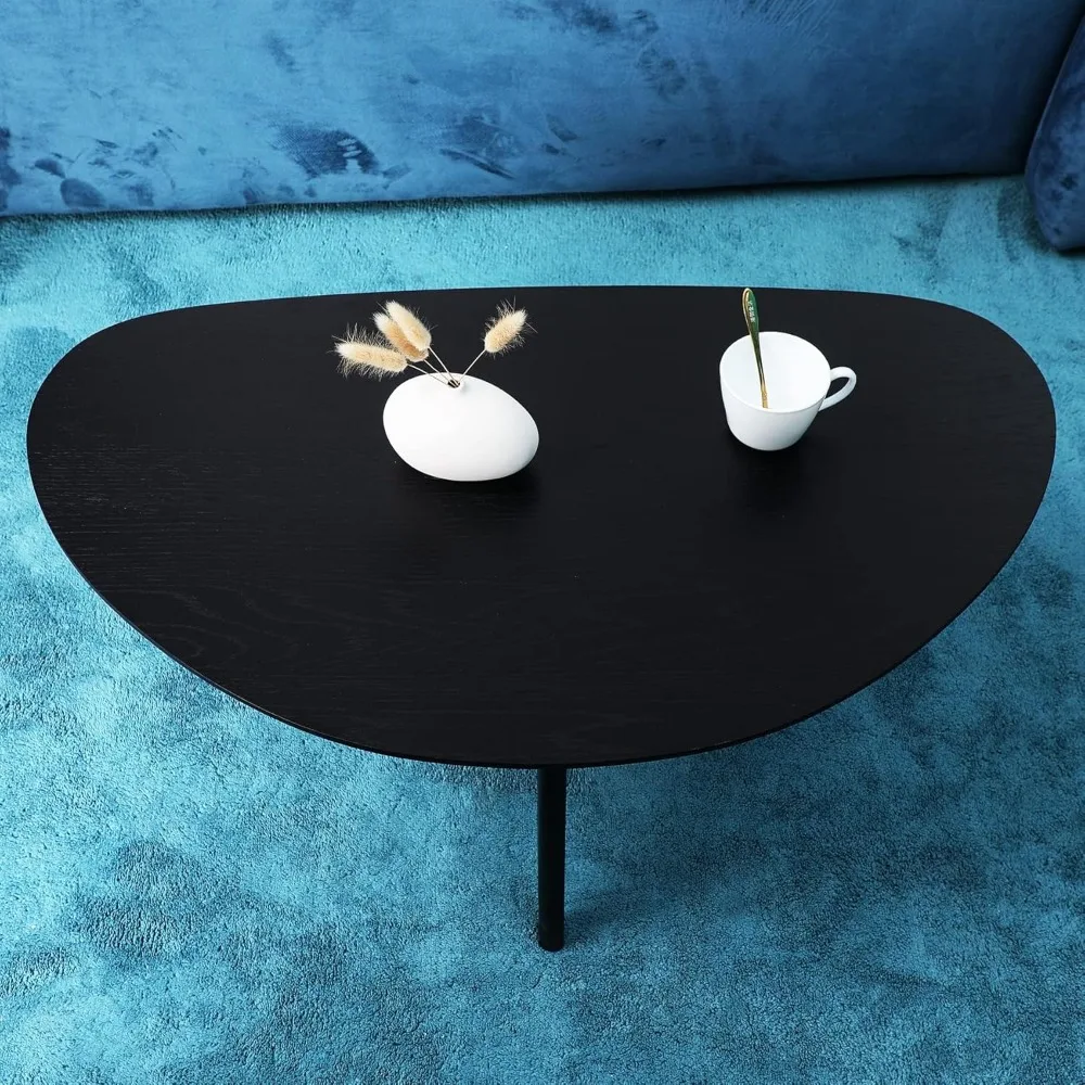 Small Black Oval Coffee Table for Small Space , Simple Modern Center Table with OAK Wood Legs-Black-18.9" D x 33.47" W