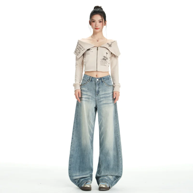 

American retro style wrinkled cat-ear design low-waist curved wide-leg jeans for women