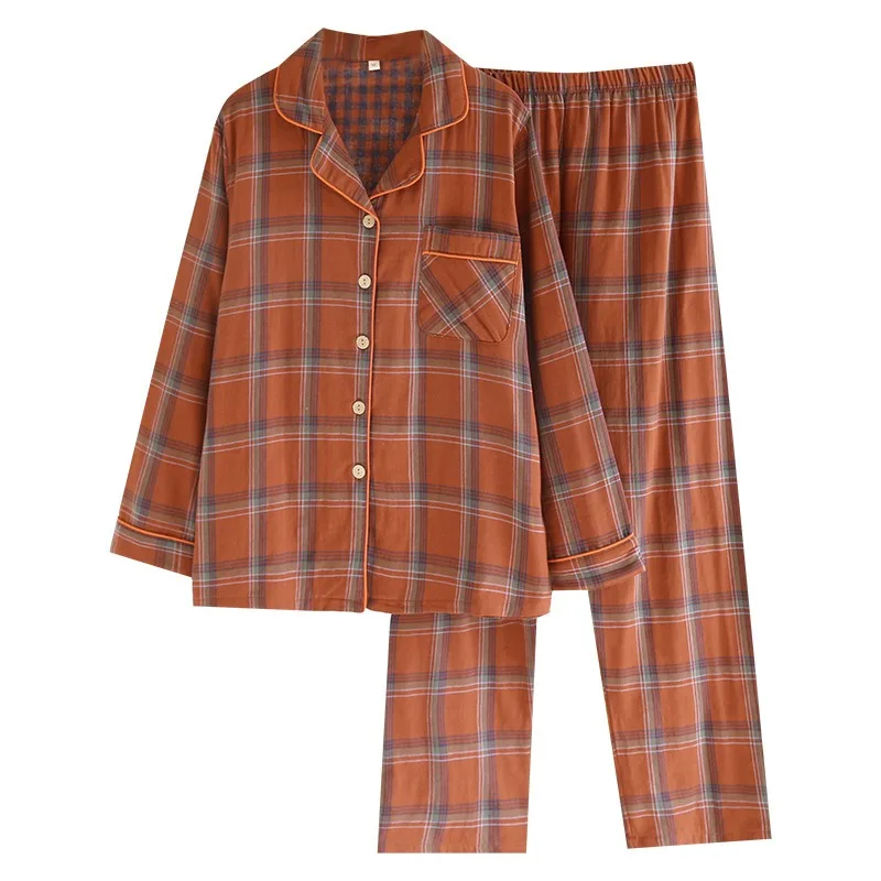 Immagine 6: Coppia Pigiama scozzese tinto in filo Doppio strato di filato di cotone Abbigliamento per la casa Pantaloni sottili a maniche lunghe Pigiama da donna Set da 2 pezzi