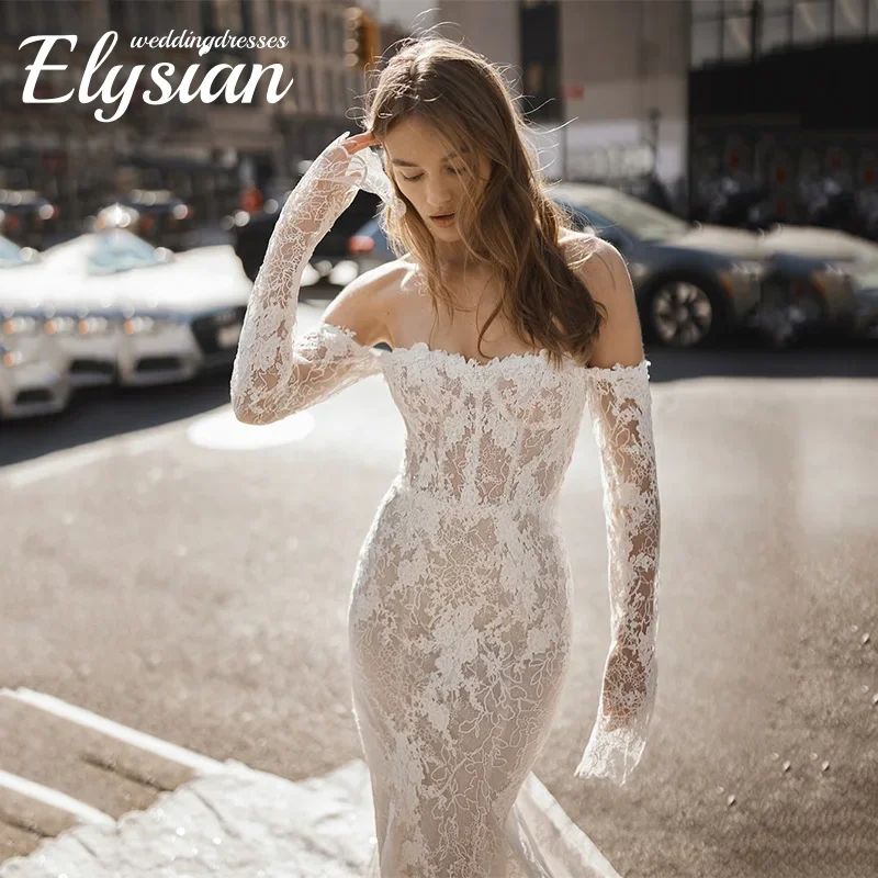 تخصيص الدانتيل حورية البحر فساتين الزفاف كامل الأكمام قبالة الكتف عارية الذراعين الوهم ثوب الزفاف الطابق طول فساتين العروس