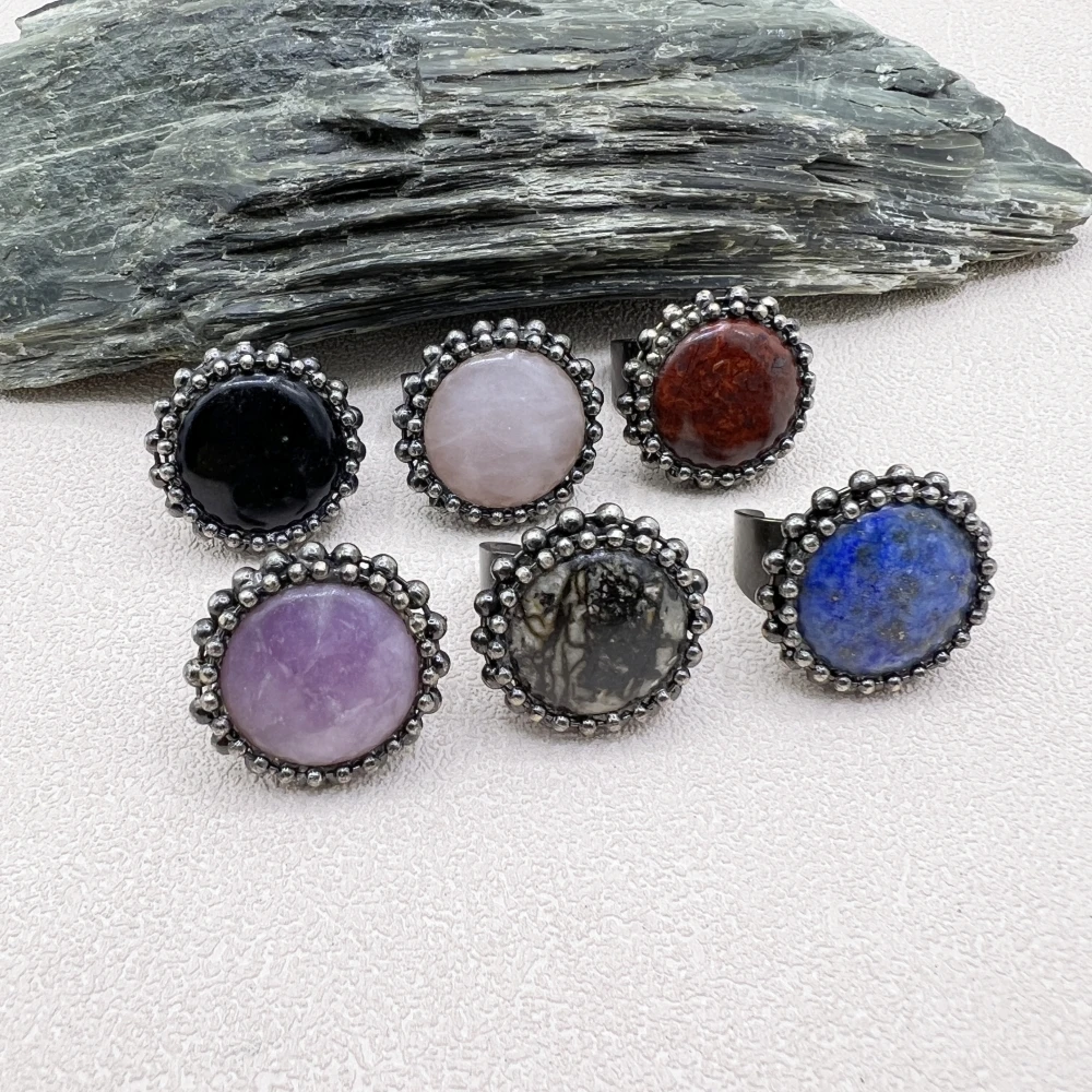 10PCS Large Round Natural Gems Stone Lapis Green Aventurine Rose Quartzs Crystal Vintage Adjustavle Rings For Women Gothic Witch