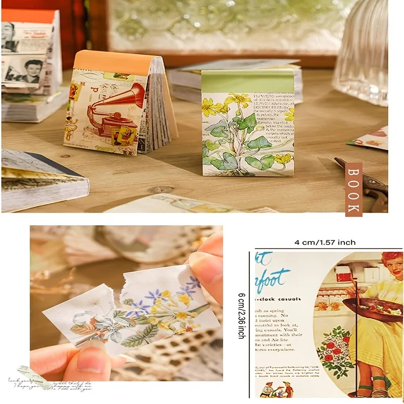 Vintage Washi Stickers Set, Aesthetic Sticker Book for Journaling, Floral Paper Sticker Kit for Sc, 200 Sheets