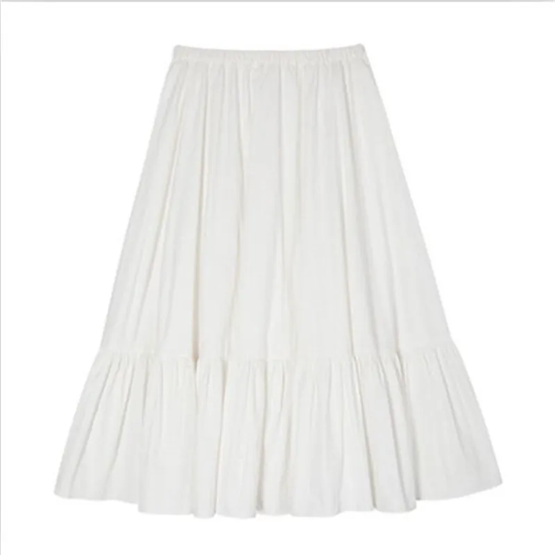 11 Solid Color Women New Fashion Pleated Long Skirts Female Casual Elastic Waist Ruffles Cotton A Line Skirts Ladies Clothes