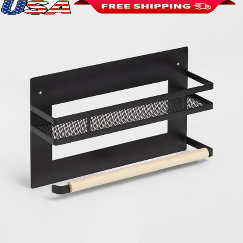 

Magnetic Fridge Organizer with Mesh Shelf and Paper Towel Holder Kitchen Storage Space Black Metal Finish