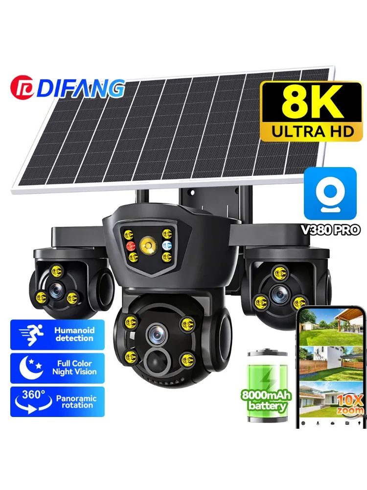 DIFANG V380 Pro WiFi draadloze zonnecamera Drie schermen buiten 4G Sim-kaart Solar CCTV Batterij met drie lenzen Zonne-beveiligingscamera - afbeelding 2