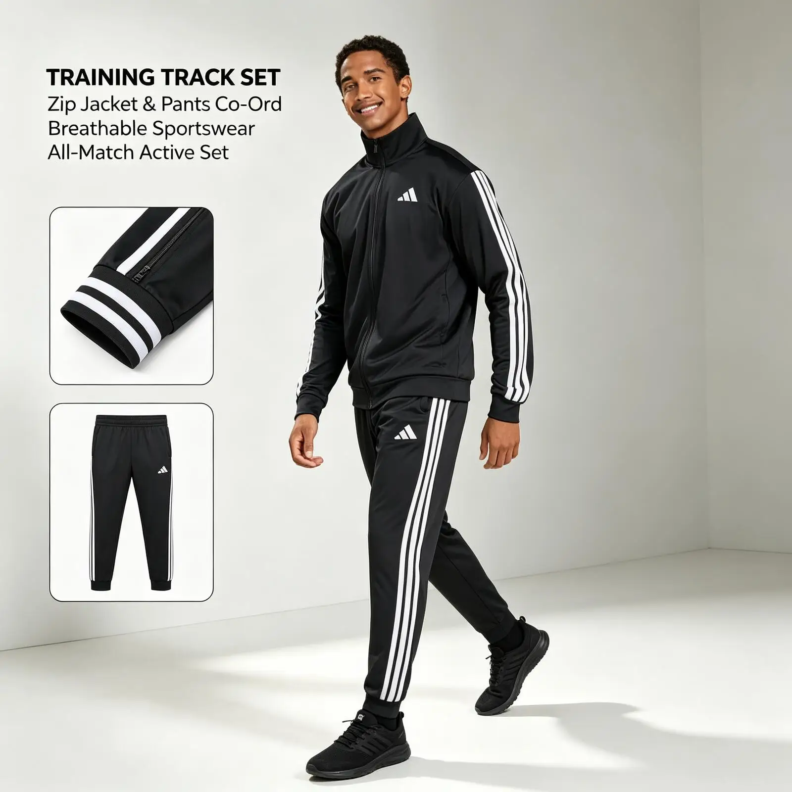 new-adidas-black-track-suit-full-zip-jacket-pants-set-classic-white-striped-training-sportswear-co-ord-gym-casual-daily-wear