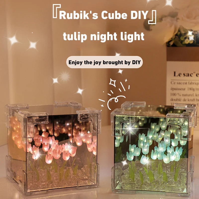 20PCS Tulip Nightlight Handmade DIY Material Cube Tulip Mirror Bedroom Decor Atmosphere Lamp Valentine\'s Day Birthday Gift