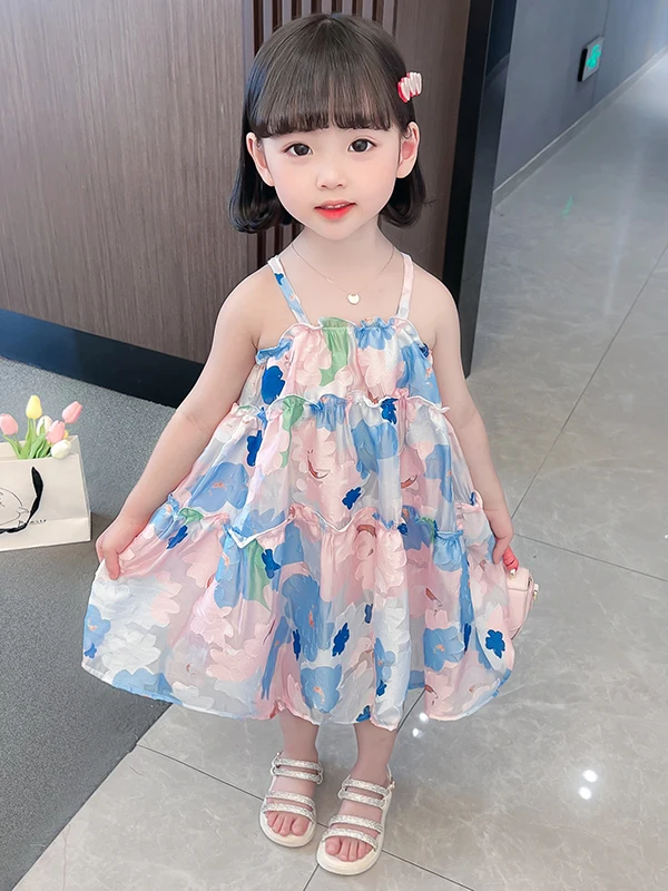 Verano estampado Floral correa de perlas Dr niñas dulce Princ falda ropa para niños bebé niña Dr moda y Sli