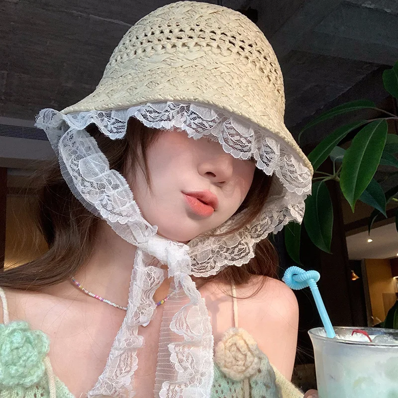 

New Korean Simple Lace Big Brim Straw Hat Women's Summer Outdoor Hollow Breathable Sunshade Seaside Vacation Sun Cap