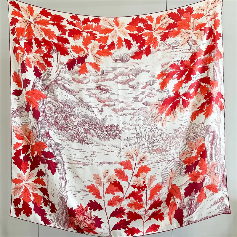 

Red Silk Scarf 110cm Luxury Designer Square Scarfs Hand Rolled Edges Bandanas Foulard En Soie Head Hair Accessories