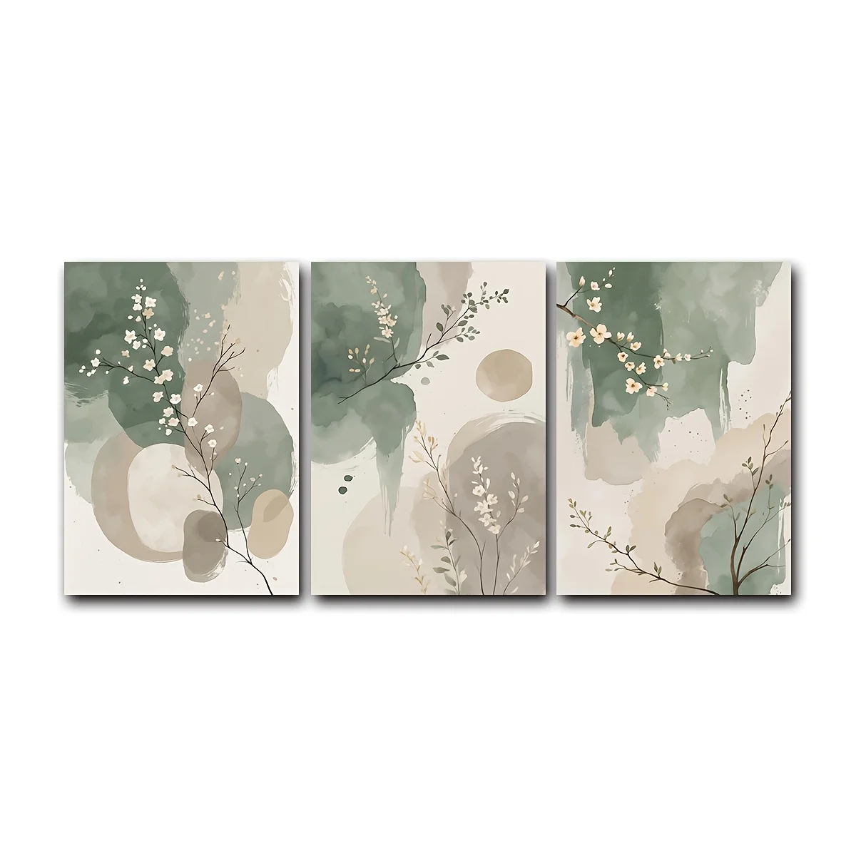 3pcs Japanese-Style Plant Canvas Wall Art Frameless Abstract Watercolor Sage Green & Beige Leaf Canvas Poster for Bedroom Decor view 5