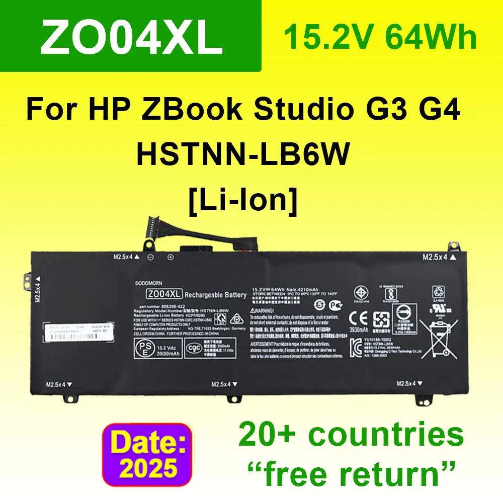 

Аккумулятор для ноутбуков HP ZBook Studio G3 G4 Series ZO04XL HSTNN-LB6W HSTNN-CS8C HSTNN-C88C, 64 Вт·ч, 15.2 В, литий-ионный, перезаряжаемый