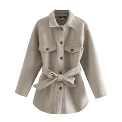 Women's 2024 new Fashion With belt loose single breasted shirt style warm woolen coat retro long sleeved women's coat chic top