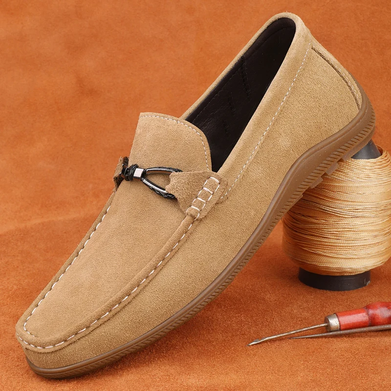 

Men's Suede Leather Loafers, Driving Moccasins, Slip-On Casual Shoes with Metal Buckle Detail, Brown, Blue, Khaki