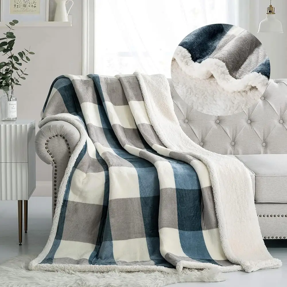 

Sherpa Fleece Throw Blanket 60"" X 80"" Reversible Plush Fluffy Large Big Blanket Lattice Flannel Blankets For Sofa Couch Bed