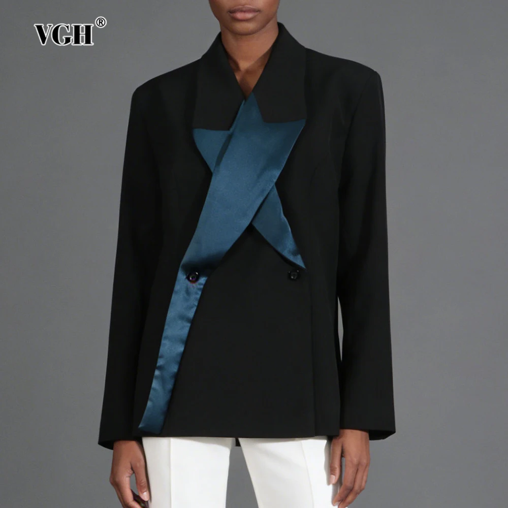 VGH Temperament Trend Hit Color Blazers For Women Lapel Long Sleeve Spliced Button Printing Elegant Jacket Female Fashion New