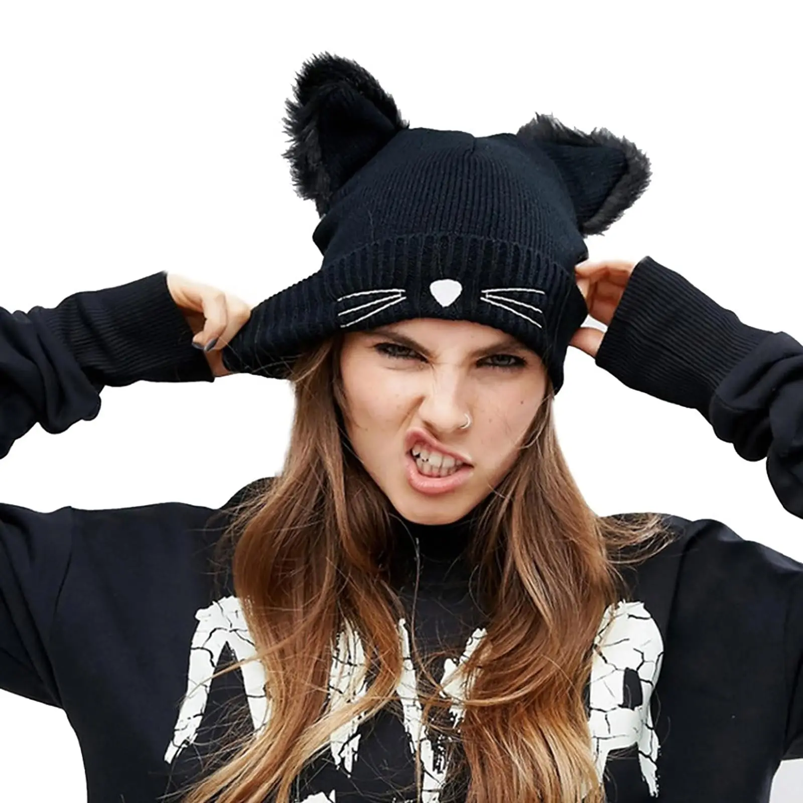 

Women's Cat Beanie Crochet Hats with Ears Knitted Black Cat Hats Winter Cute Y2k Cat Ears Beanie for Adults