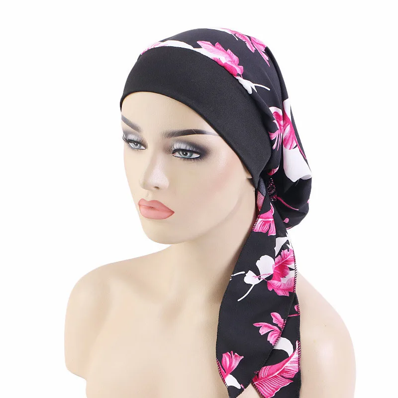 Pre-Tied Muslim Women Print Cancer Hijab Chemo Cap Turban Bonnet Hair Loss Hat Sleep Night Islamic Arab Stretch Head Wrap Covers