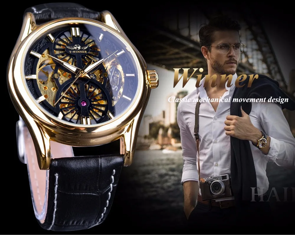 Fashion T-winner Top Brand Men\'s Casual Hollow Automatic Mechanical Personality Luxury Golden Genuine Leather Gift Wrist Watches