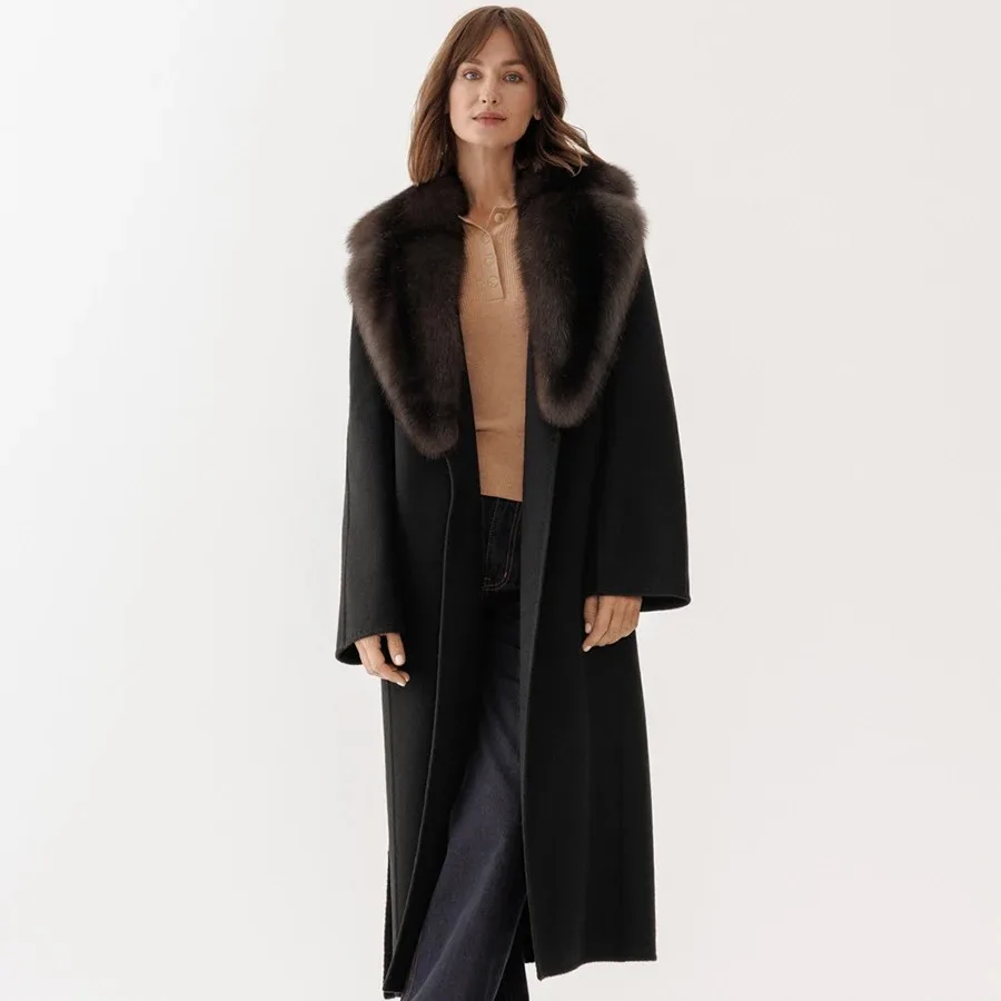 Wool Blends Coats Real Fox Fur Collar Women's Long Coat Lady Luxury Hot Selling Winter Cashmere Coat