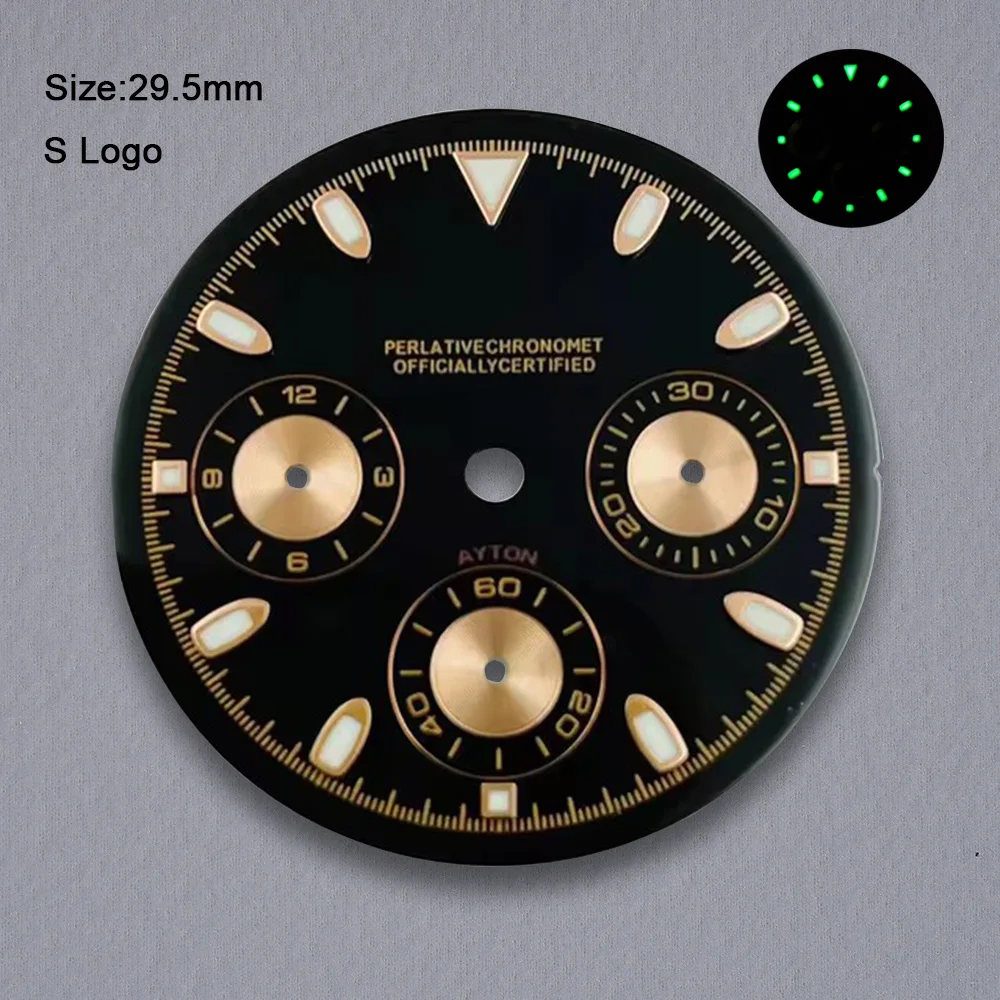 S ロゴ 29.5 ミリメートル DTN パンダダイヤル VK63 クォーツムーブメントに適したグリーン発光高品質時計修正アクセサリーツール