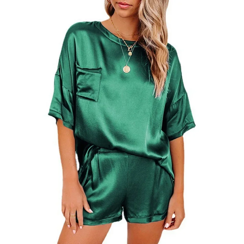 

Women's Nightwear Solid Color Pajamas Short-Sleeved Shorts Two-Piece Suit Ladies Green Sleepwear Homewear Europe and America
