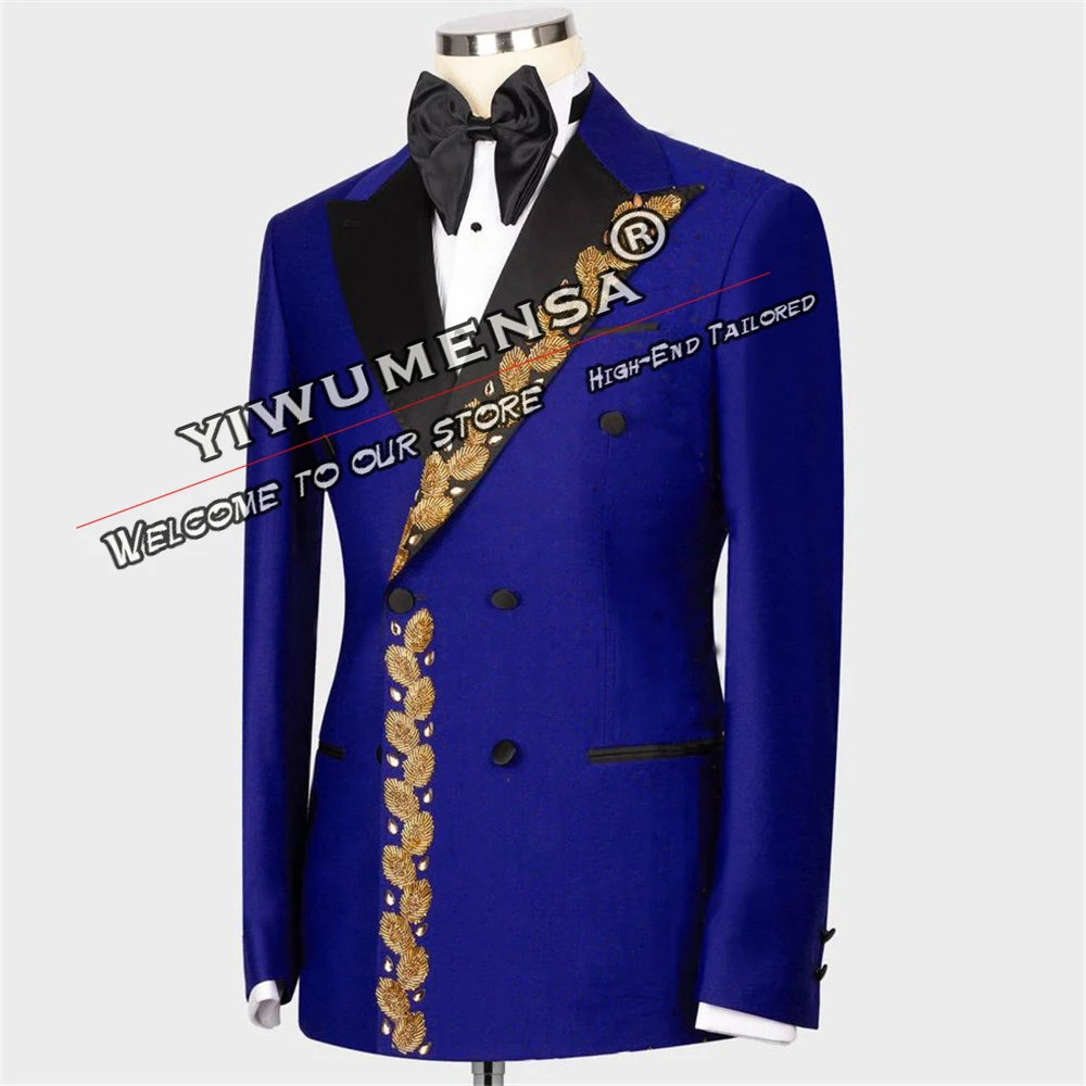 Double Breasted Suits Men For Wedding Gold Appliques Beaded Lapel Jacket Pants 2 Pieces Male Fashion Groom Tuxedos Tailored Made