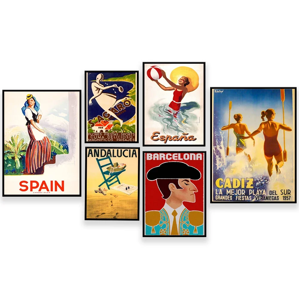 Canary Islands, Barcelona, Andalusia, Costa Brava, Salamanca, La Mejor Playa del Sur, Cadiz, Spain vintage travel poster