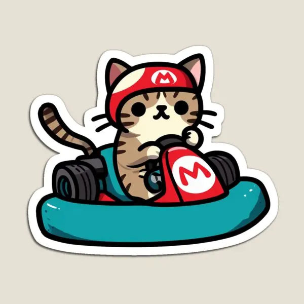 Feline Racer Playful Cat Driving A Kar  Magnet for Fridge Organizer Holder Stickers Home Magnetic Kids Children Colorful Decor