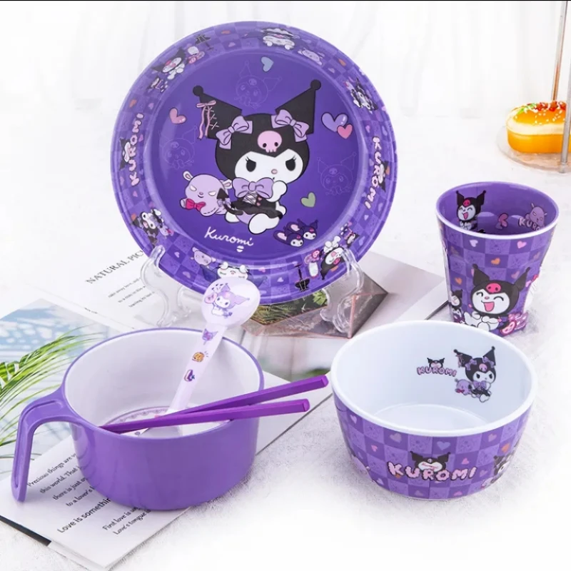 Miniso Sanrio Kuromi Children's Tableware Set Student Rice Bowl Dish Cup Chopsticks Spoon