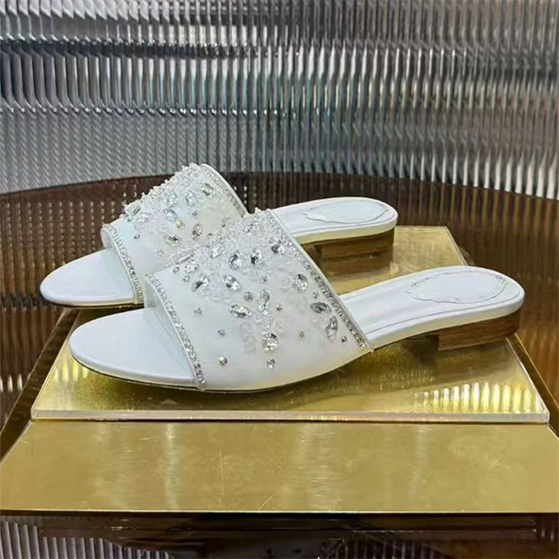 

Classic Slippers Women Square Heels Rhinestone Party Shoes Woman Summer Slides High Heels Crystal Flower Slippers Woman