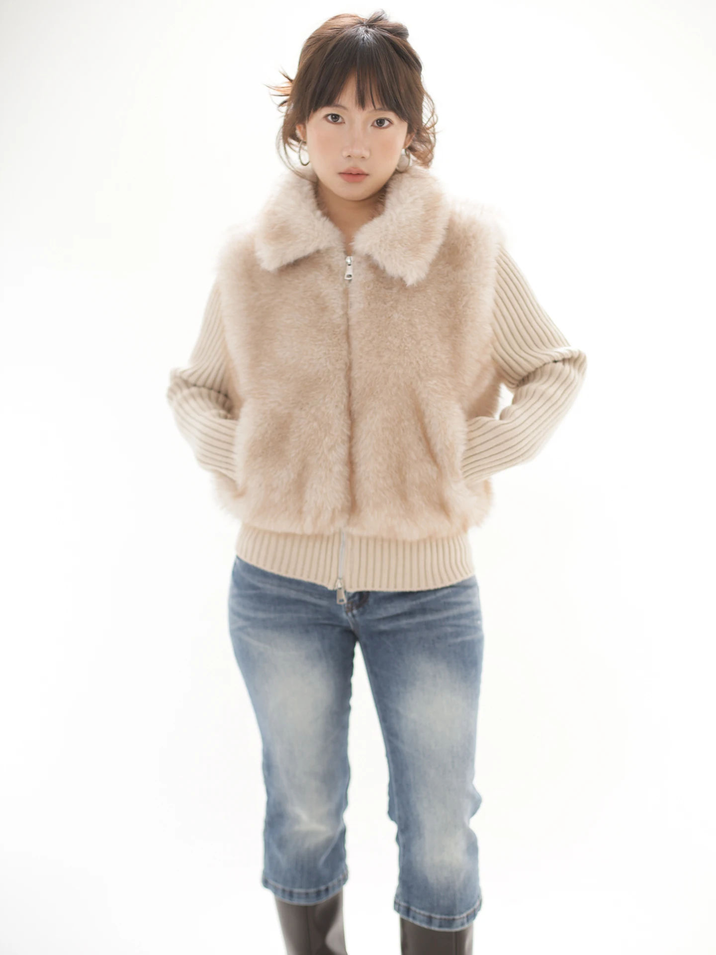 

Vintage Tea Milk Color adient Knitted Fur Collar Zipper Coat Eco Friendly Long Sve Straight Cut Sle Women's Outerwear