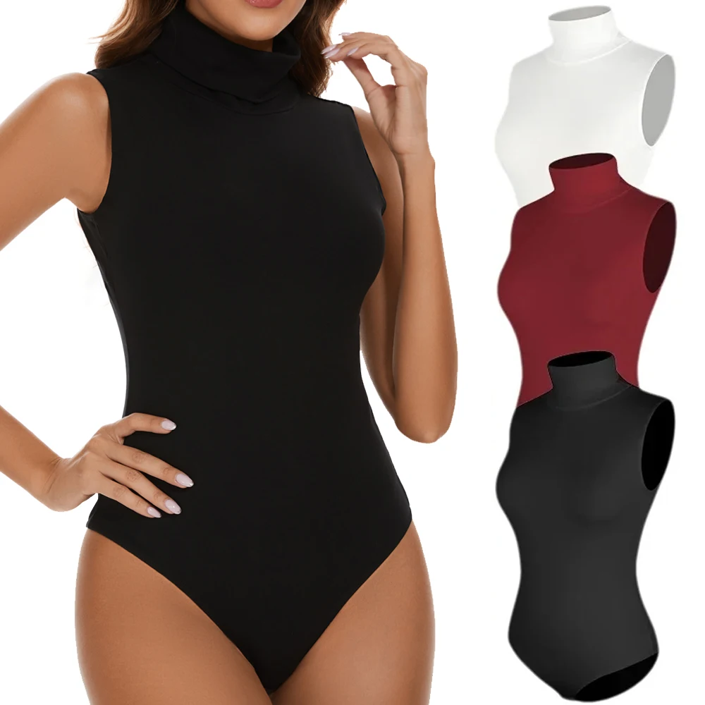 Damen-Body mit Stehkragen, Bauchkontrolle, Shapewear, Tanga hinten, ärmellos, Body Shaper mit Druckknopf im Schritt, Alltagskleidung für Damen