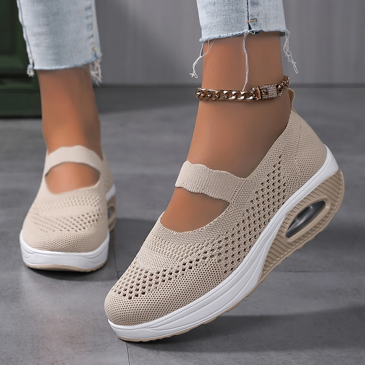 Round Toe Knitted Women\'S Shoes With Thick Soles And Elevated Height, Single Shoe Size 35-43, Summer Breathable Casual Shoes