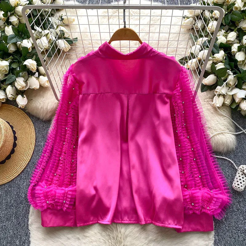 Blusa de satén con cuentas de diamantes, manga acampanada transparente, Top de lujo de alta calidad, camisa de fiesta plisada con empalme de encaje para mujer