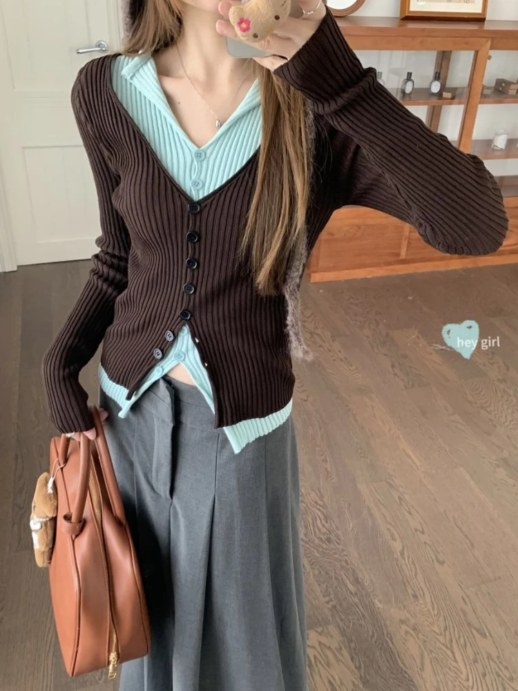 ADAgirl Y2K Brown and Mint Green Fake Two Pieces Knitwear Slim Button Up Cardigan Autumn Winter Ribbed Sweater Women Korean Chic